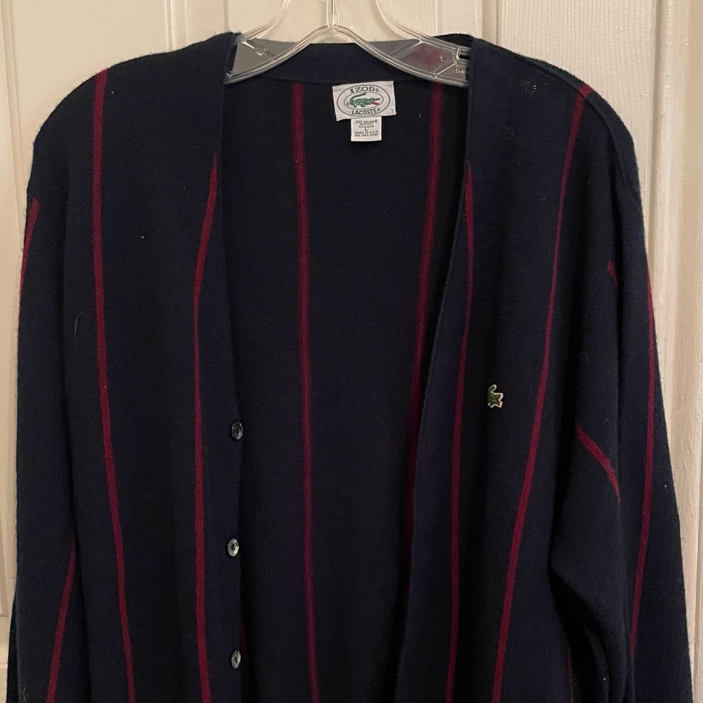 EUC Vintage IZOD Lacoste navy blue red stripe pearl  button cardigan men’s large